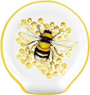 Honey Bee Spoon Rest Kitchen decor, Bumble Decorations Honeycomb Decor - Hive Holder Honeybee Accessories, Large Ceramic Utensil for Countertop, Yellow Stuff Gifts