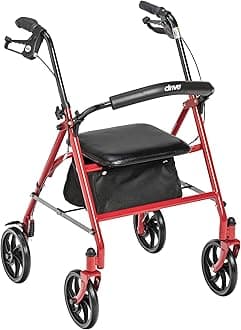 Drive Medical Rollator Walker with Seat - Stable Mobility Support - Height Adjustable - Durable Steel Frame Construction - Smooth 7.5" Wheels - Foldable Frame - 350 Lb Limit - Red