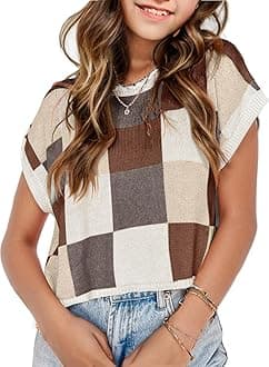 Girls Spring Crop Tops 2026 Summer Sweaters Cute Cap Sleeve Colorblock Loose Teen Top School Picture Outfits