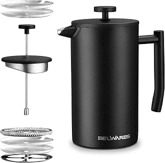 French Press Coffee Maker with Extra Filters for a Richer and Fuller Coffee Flavor, Designed with Double Wall Black Stainless Steel to Preserve Hot Coffee Temperature (34oz)
