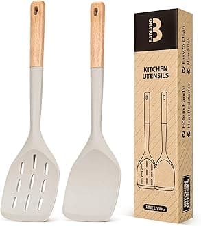 Badiano Pack of 2 Silicone Spatula, Non Stick Cooking Utensil Set Wooden Handle Kitchen Turner for Baking Mixing Grilling Serving Food Heat Resistant Non Scratch Hooks Included (Khaki)