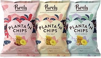 Purely Plantain Chips - Low Fat Plantain Crisps - Gluten Free Snacks - Healthy Alternative Snack Multipack - Vegan, Nutritious & All Natural - Mixed Flavours - 75g x 3 Pack