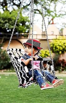 Baby Swing Chair Rope with Safety Handle/Toddler/Infant Swing with Yellow T-Bar & Rope/Outdoor Indoor Kids Swinger/Jhula/Swing Ride Seat/Black & White in Colour