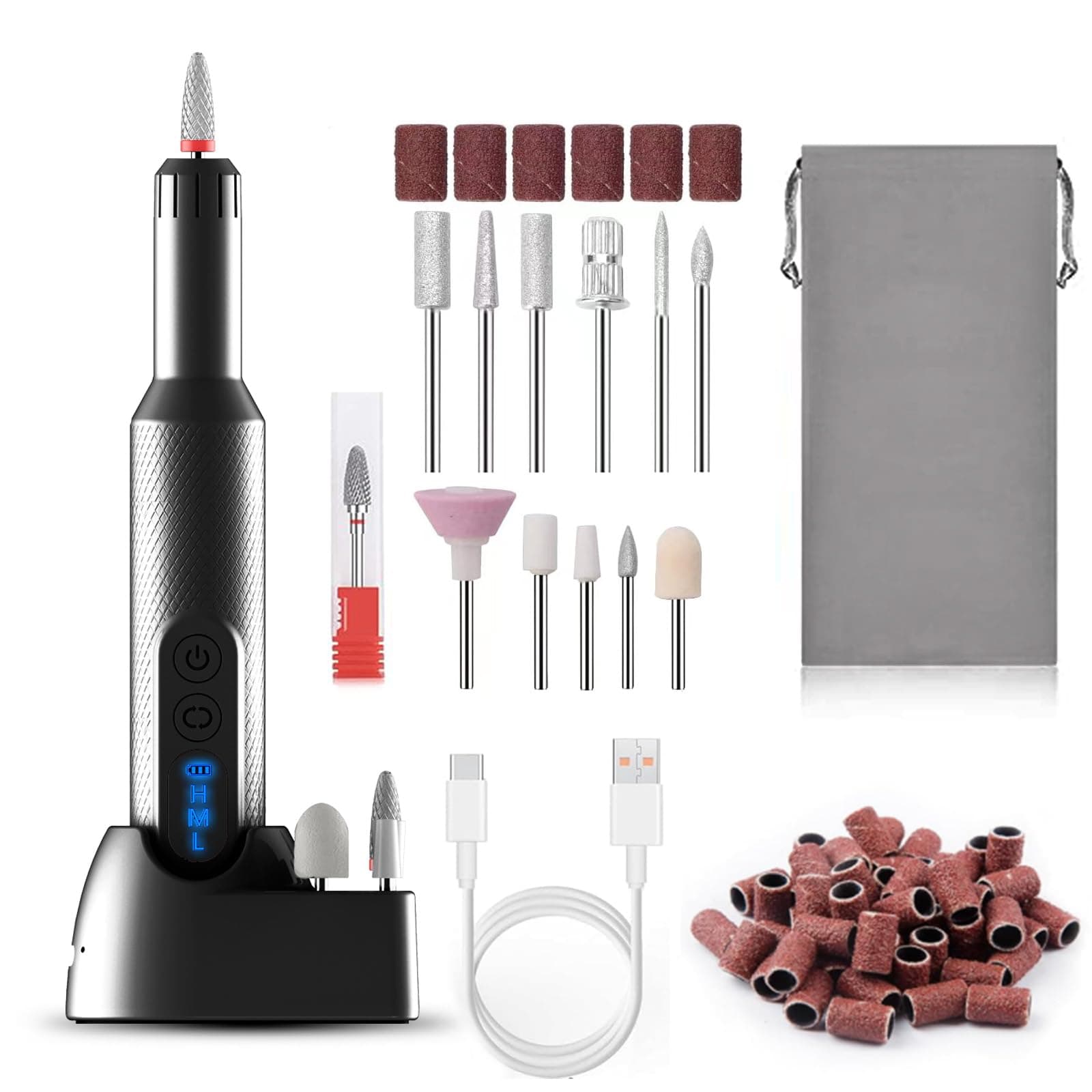 Portable Electric Nail Drills,Professional Nail Drill File Kit for Acrylic,Manicure and Pedicure Sets for Grinding,polishing and Trimming,Rechargeable Pedestal Nail Polisher. Black