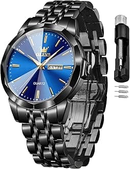 Men's Watch Luxury Business Dress Watch UK Diamond Design Quartz Stainless Steel Waterproof Luminous Week Calendar Gift