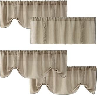 Home Queen Faux Linen Tie Up Curtain Topper Valances for Kitchen Window Over Sink, Semi Sheer Fabric with Adjustable Magic Strap, 4 Pieces, W54 X L20 Inches, Taupe