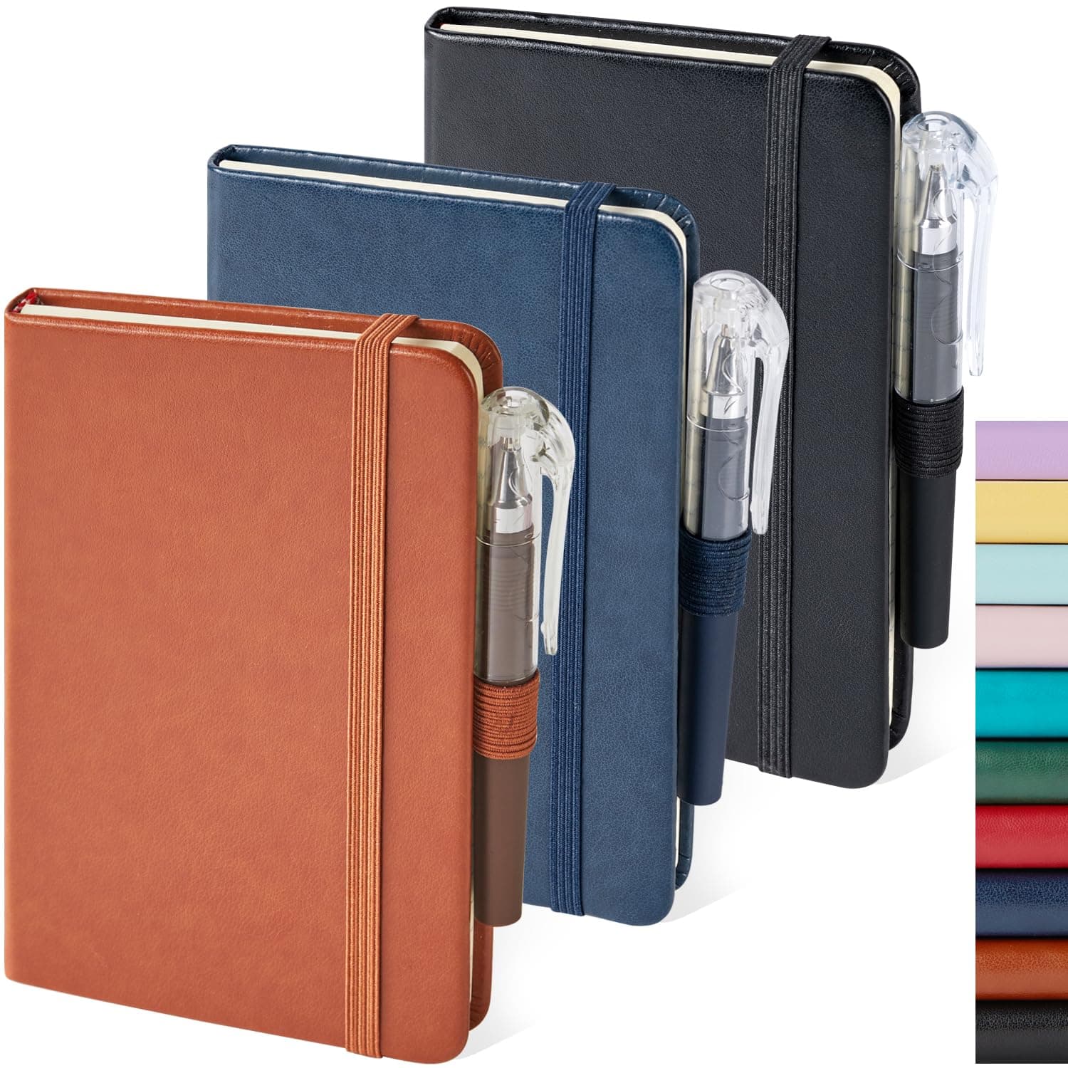 3 Pack Pocket Notebook Journals, Small Notepad Notebooks for Note Taking, A6 Mini Note pads with Pen Holder, 408 Lined Pages, 3.7" x 5.7", Black, Brown, Blue