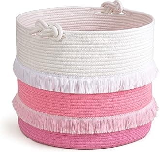 CherryNow Large Rope Basket – 16''x13'' Pink Decorative Woven Basket for Toys, Blankets, or Laundry, Cute Tassel Decor for Baby & Girl - Home Storage Container