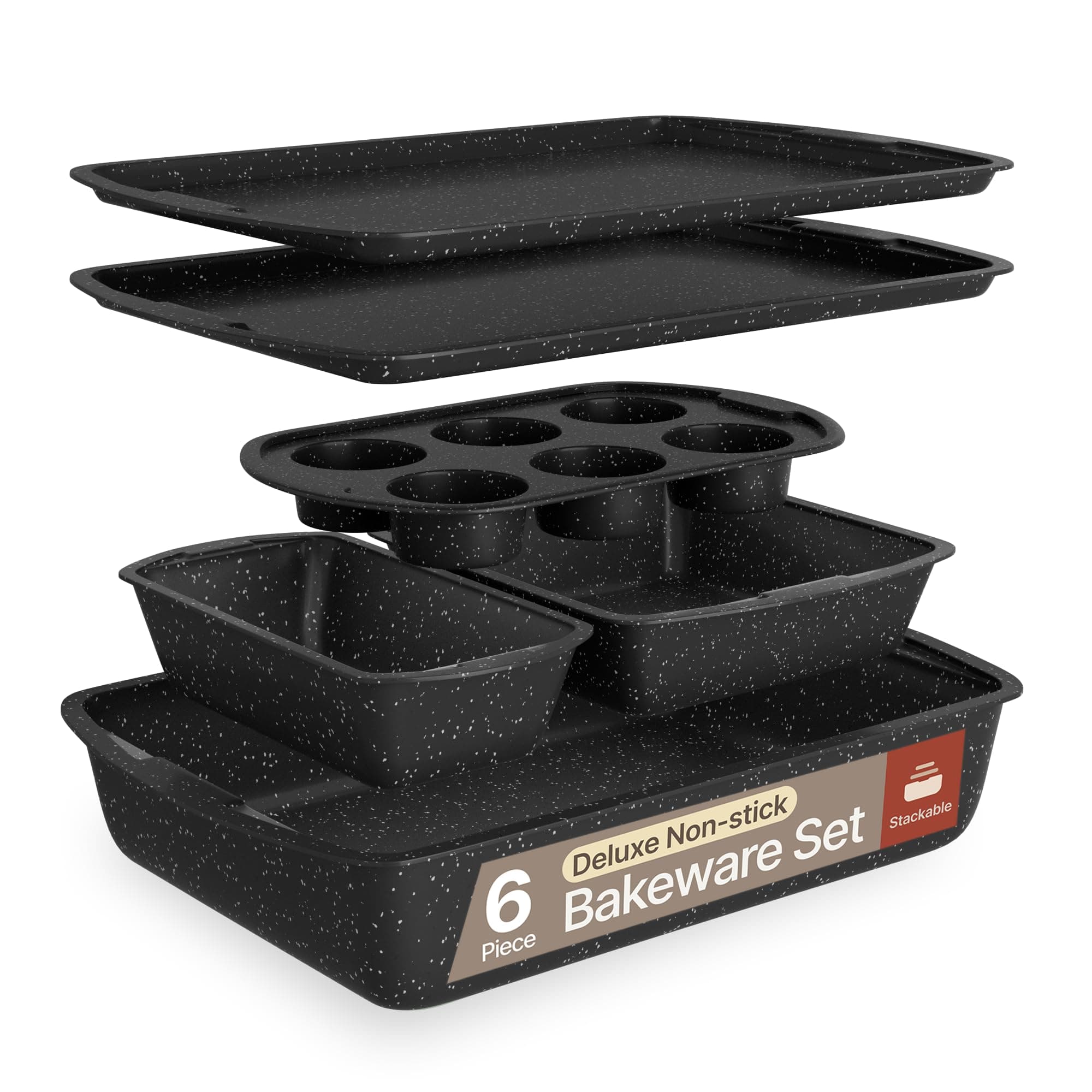 Bakeware Set – 6 Piece – Stackable, Deluxe, Non-Stick Baking Pans for Professional and Home Cooking – Carbon Steel, Gray Stone Coating