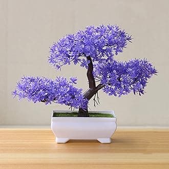 Gemini_mall Artificial Bonsai Cedar, Welcoming Pine Emulate Bonsai Simulation Decorative Artificial Flowers Fake Green Pot Plants Ornaments Home Decor Purple