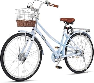 Viribus Beach Cruiser Bike for Women, Step Through Bike with Ratten Basket, Rack & Lock, 24 26 inch 1 Speed, City Commuter Cruiser Bike, Adult Bicycle for Short Ladies Female Seniors 330 lb.