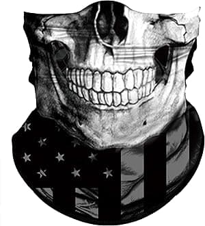 Skull Face Mask Sun UV Dust Wind Protection Tube Mask Seamless Bandana Skeleton Face Mask for Men Women Bike Riding Motorcycle Cycling Biker Outdoor Festival (Black Gray Skull White Face Flag)