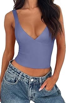 REORIA Women's Summer Sexy Casual Deep V Neck Sleeveless Slim Fit Cropped Corset Cami Fashion Trendy Y2k Going Out Crop Tank Tops Blue Nova Large