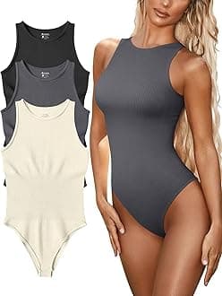FUNNYBSG Womenâ€™s Sexy Ribbed Bodysuit Tops - 3 Piece Sleeveless Halter Neck Bodysuits with Tummy Control (Color : Black Darkgrey Beige, Size : M)