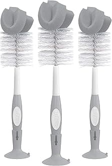 Dr. Brown's Reusable Sponge Baby Bottle Cleaning Brush Set with Suction Cup Stand, Scrubber and Nipple Cleaner, Gray, 3 Pack