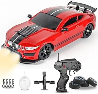 RC Drift Car 1/16 2.4GHz 4WD Remote Control Sport Racing On-Road Vehicle with LED Light, Batteries and Drift Tires (Red)