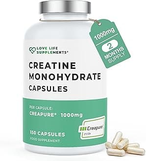 LOVE LIFE SUPPLEMENTS Creapure® Creatine Monohydrate Powder (in Capsule Form) by LLS | 150 Capsules (1 Gram per Capsule) | 30-50 Servings | - 'Clean, Effective, High Quality'