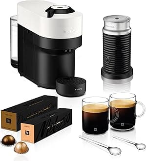 Coffee Machine Barista Bundle includes Vertuo Pop White by Krups, Milk Frother, 2x Mugs, 2 x spoons, Melozio coffee pods & Chiaro coffee pods