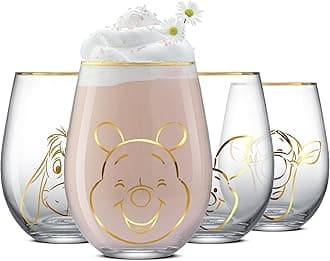 JoyJolt Disney Winnie the Pooh Gold Sketch Stemless Drinking Glasses Set of 4, 19oz Glass Cups ft Pooh Bear Tigger Piglet Eeyore, Disney Kitchen Glassware Set, Winnie the Pooh Adult Gifts
