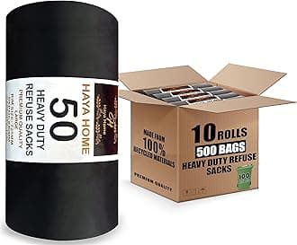 Haya Home 500 75L Black Plastic Bin Bags Heavy Duty Bin Liners, Refuse Sacks Pack of 50 x 10 Heavy Duty Waste Dustbin Bags roll for Kitchen Home Office DIY Garden Made from 100% Recycled Material