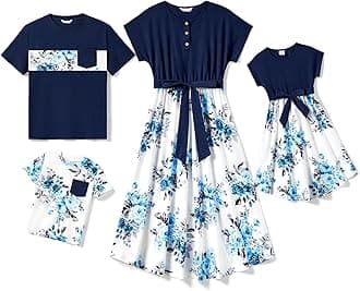 PATPATFamily Matching Outfits Short Sleeve Belted Spliced Pattern Print Dresses and Casual T-Shirts Matching Sets