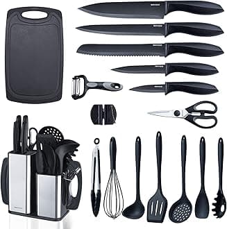 RAXCO Kitchen Knife Set,18-Piece Cooking Utensils with Stainless Steel Holder,Cutting Board and Utiliry Peelers (Jet-black)