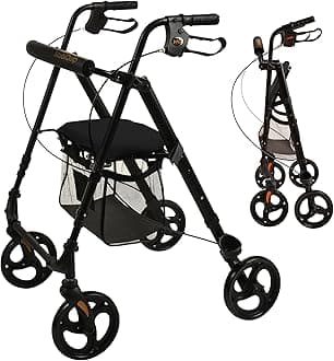 MobiQuip Aluminium Rollator, 4 Wheeled Walker with Seat and Storage Basket, Weighs Just 6.4kg Lightweight Folding Mobility Aid, Easy to Fold Walking Frame, for Elderly or Disability, Black