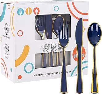WDF 180PCS Blue Plastic Silverware -Blue and Gold Plastic Cutlery 60 Forks, 60 Knives, 60 Spoons - Heavy Duty Disposable Silverware for Party/Wedding/Birthday