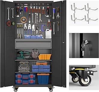 71"H Garage Storage Cabinet with Wheels, Drawer, Pegboard and 16 Hooks, Metal Storage Cabinet with Locking Doors and 2 Adjustable Shelves for Garage, Warehouse, Home, Black, Assembly Required