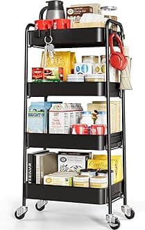 TOOLF Rolling Storage Cart, 4 Tier Metal Utility Cart with Wheels & Hooks, Craft Art Esthetician Organizer, Easy Assembly Cart for Office Bathroom Kitchen Kids' Room Classroom Black