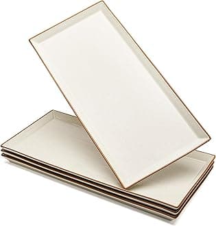 Sweese Serving Platters, Porcelain Vanilla White with Brown Trim Serving Trays for Parties, Food and Turkey, Large Rectangular Plates - 15.5 Inch, Set of 4