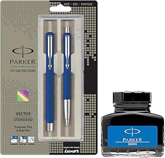 Parker Vector Standard Sets Fountain Pen + Ball Pen - Blue + Quink Ink Bottle - Blue (30ML)