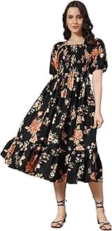 | Floral Print Midi Dress | Beautiful Floral Design | Ideal for Casual, Work Fit & Comfortable Elastic & Fabric | Suitable for Women's