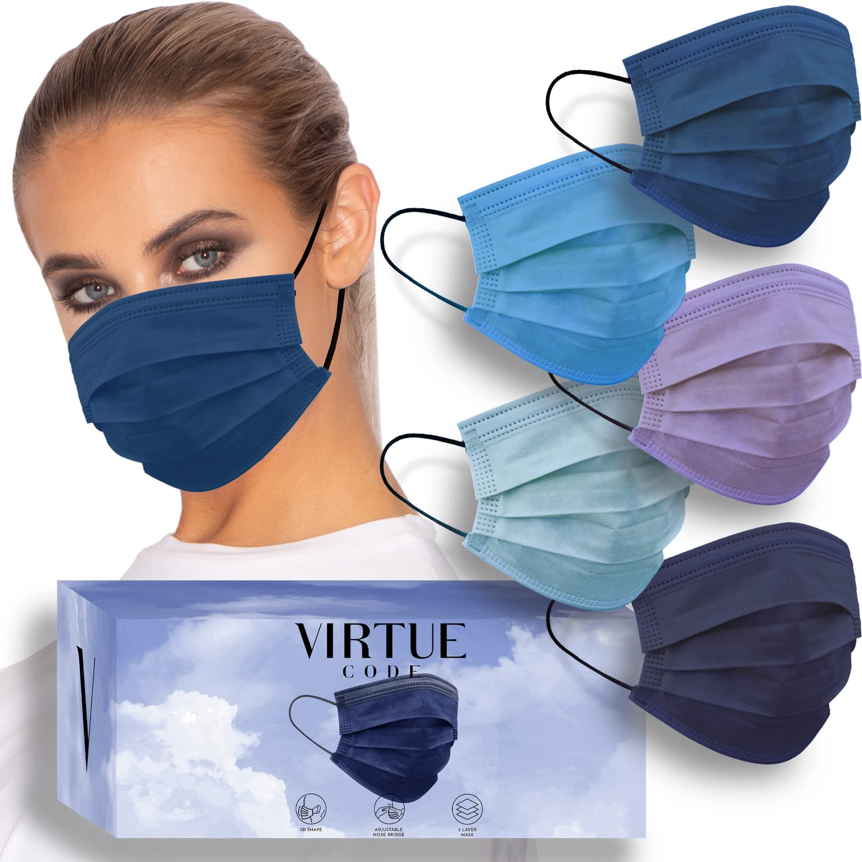 [Dttra] Virtue Code Seamless Essentials Face Mask. 50 Disposable Face Masks - Blues Color Mask Pack. Cute Mask with Black Straps.
