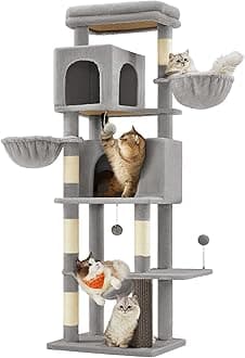 – Cat Tree, 69-Inch Tall Cat Tower for Indoor Cats, Multi-Level Cat Condo with 2 Caves, 2 Baskets, 5 Scratching Posts, Self-Groomer, Perch, Hammock, Dove Gray UPCT182G01
