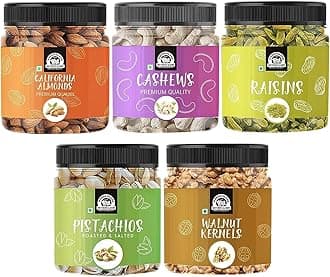 Wonderland Foods 1Kg Premium Daily Needs Combo Pack of NP Almonds, Cashews W320, Long Green Raisin, Pistachios & Walnut Halves Kernels Combo Pack Jar (200g X 5)