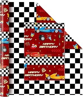 WERNNSAI Race Car Wrapping Paper - 1 Roll 17” x 33 ft Racing Cars Wrapping Paper Roll Plaid Jumbo Roll for Boys Birthday Kids Racing Car Party Gift Packing Favor Gift Wrap Checkered Design