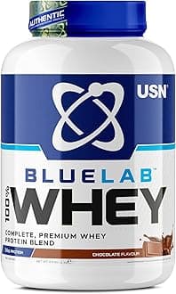 USN Blue Lab Whey Protein Powder, Whey Protein & BCAA, Mass Gain & Recovery, Post-Workout Shaker, Chocolate Flavor, 2 kg, NBLW11