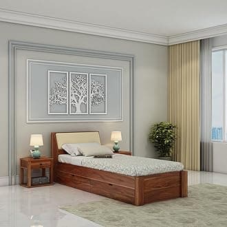 WOODLAB Furniture Single Size Bed with Headboard and Drawer Storage Wooden Single Cot Bed for Bedroom Home (Honey Finish)