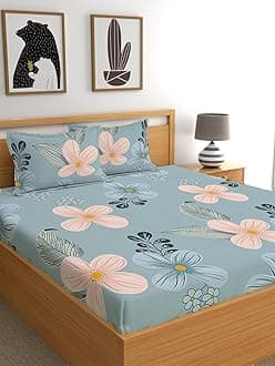 LOOMLYFE 300 TC Cotton Feel Glace Cotton Elastic Fitted Printed King Size Double Bed Bedsheet with 2 Pillow Covers Fits Upto 8 inches Mattress, Size- 72X78 Inches, Skypeachflower