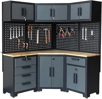 Corner Workshop Set - Garage Cabinets and Storage System with Corner Cabinet, Cabinet Drawers, Workbench, Pegboard for Tool Organization - Black and Grey