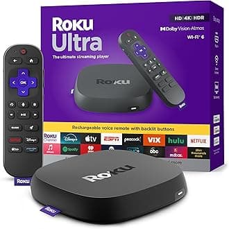 Roku Ultra 2024 (Renewed) – 4K Streaming Device with HDR10+, Dolby Vision & Atmos, Wi-Fi 6, Bluetooth, Rechargeable Voice Remote Pro with Backlit Buttons, Free & Live TV (Renewed)