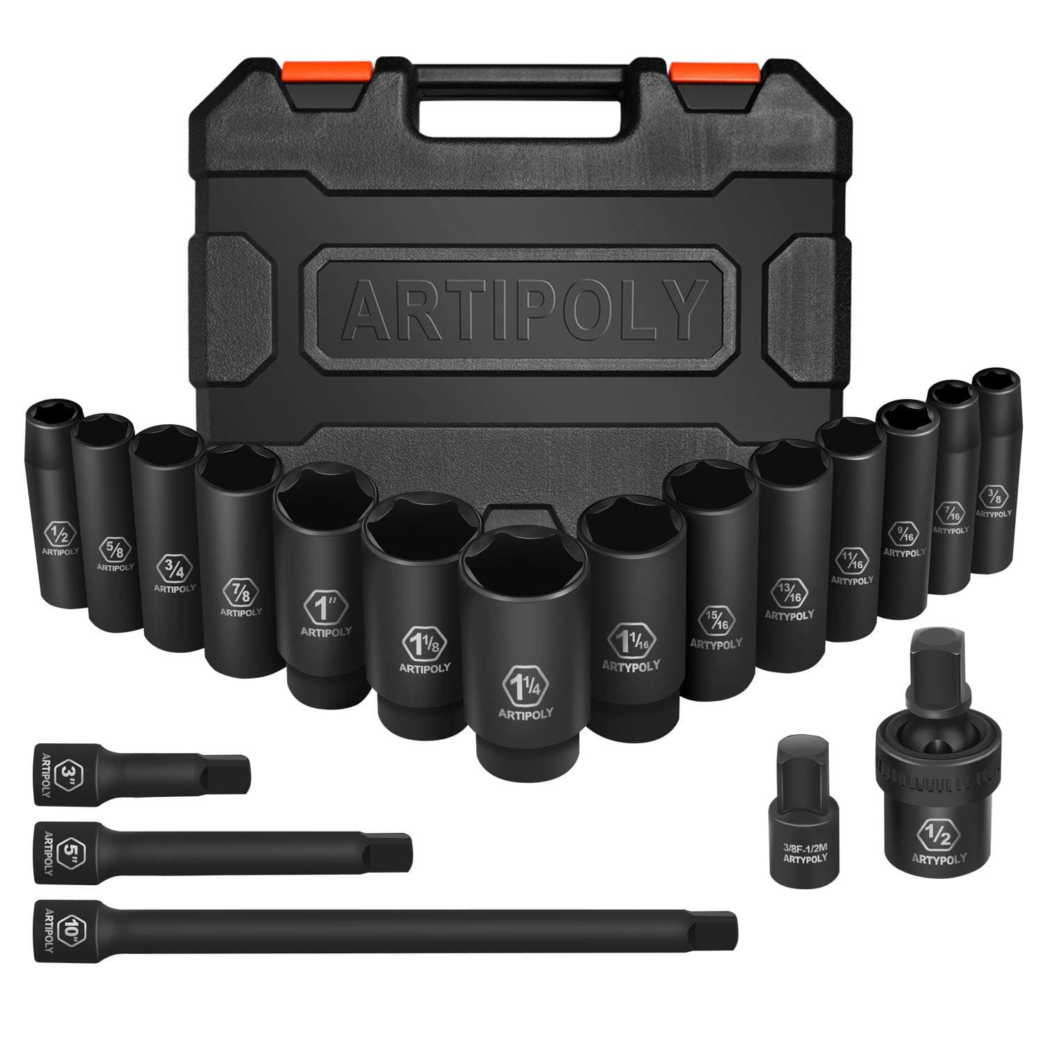 - 1/2" Drive SAE Deep Impact Socket Set, 19 Piece Cr-V Steel Socket Set SAE Size 3/8" to 1-1/4", Includes Extension Bars, Universal Joint and Adapter, 6 Point Design, Meets ANSI Standards