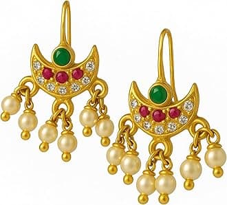 FASHIONS 18K Gold Plated Anti Tarnish White Pearl Ruby Emerald Stone Half Moon Peacock Shape Maharashtrian Traditional bugadi Upper Ear Clip on Pressing Earrings For Women & Girls