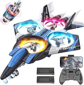 BEZGAR RC Plane for Kids | 2.4GHZ Brushless Drones with Camera, 6-axis Gyro Remote Control Airplane, 360° Flip Fighter Jet Toy, Toys for ages 8-13 with Colorful LED Navigation Lights Blue