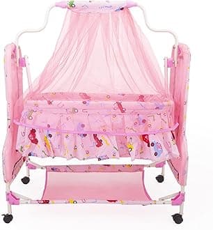 BABYBLESSING New Born Baby Soft Seat Cradle with Swing and Mosquito Net, Four Wheels with Brake Lock for Swing Cradle/Jhula/Palna/Bed/Baby Safe for 0-12 Months Colour - Pink