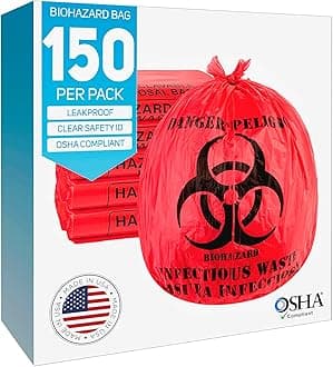 Red Biohazard Bags, No Leak Bio-Hazard Waste Bags, 24", 10-Gallon, Medical Grade Waste Disposal Bags - Disposable Hazardous Trash Can Liners for Hospitals, Doctors, Labs, Vets, and more - 150 Pack