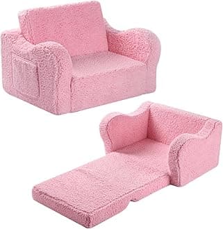 MOMCAYWEX Kids Sofa, 2-in-1 Flip-Out Foam Couch with Soft Sherpa Cover, Cozy Play Lounge Chair, Pink