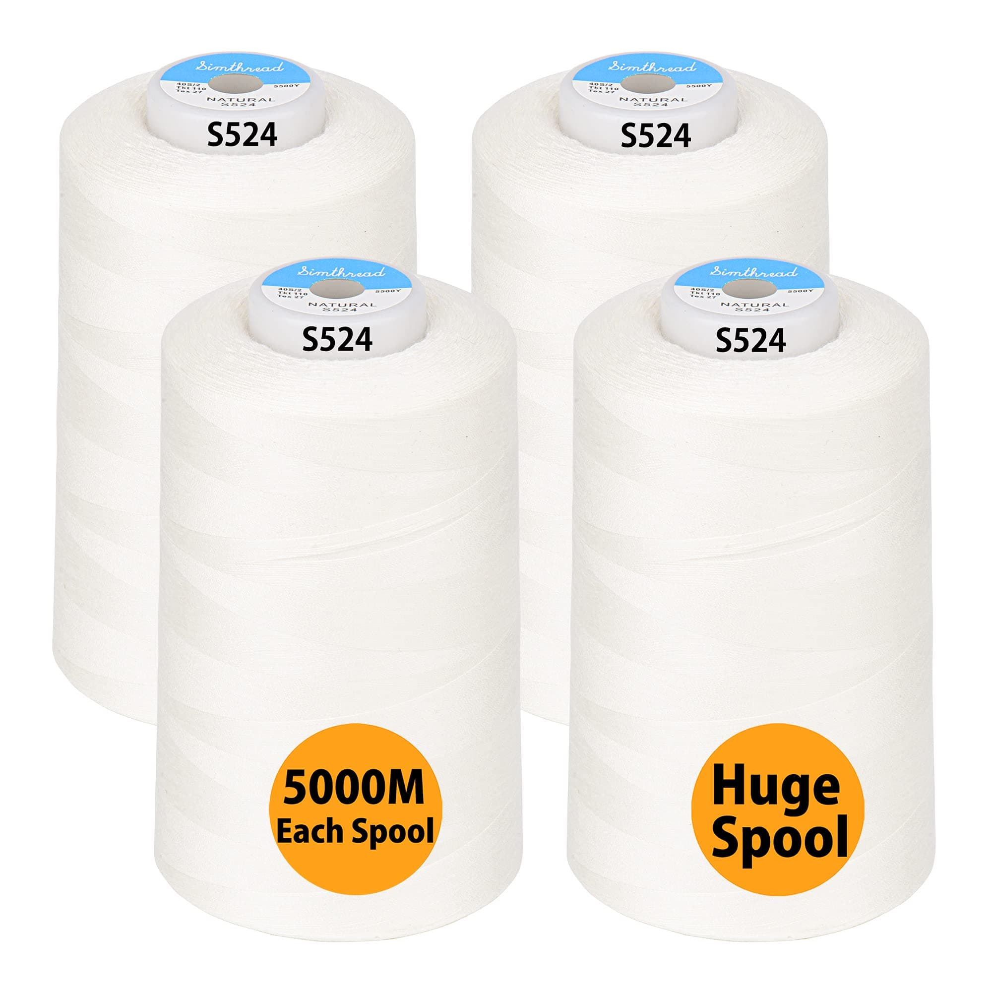 All Purpose Sewing Thread from 100% Spun Polyester for Serger, Overlock, Merrow, Quilting Sewing 4 Big Cones of 5000M (5500 Yards) Each - 40S/2 Natural