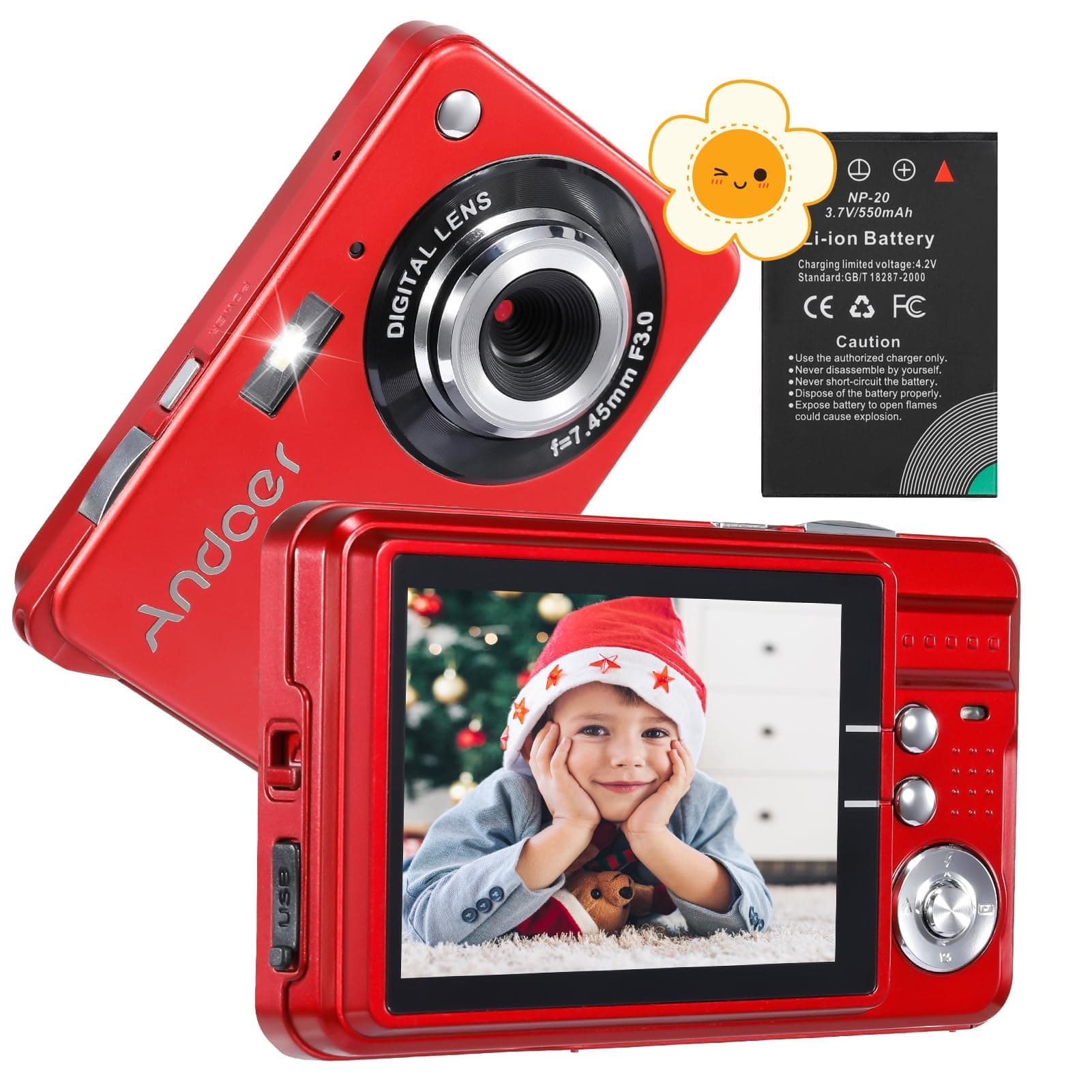 Andoer Digital Camera, 18MP Compact Digital Camera with 2.7" LCD Screen, 8X Digital Zoom Anti-Shake Vlogging Camera with 2 Batteries, Portable for Kids Teen Adult Beginner, Red